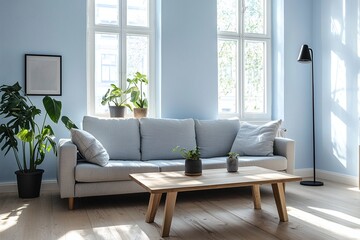 Fototapeta premium Walls and sofas and tables, light stands and potted plants in light sky blue are the modern Scandinavian interiors of the visible living room. Generative AI 