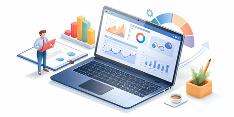 An open laptop displaying social media analytics with a marketer taking notes beside it isolated on white. concept as Medium shot of a laptop showing graphs and metrics with a professional jotting dow