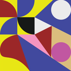 Abstract Geometric Artwork Featuring Colorful Shapes and Patterns. A vibrant abstract artwork showcasing a mix of geometric shapes in bold colors including red, blue, yellow, and pink.