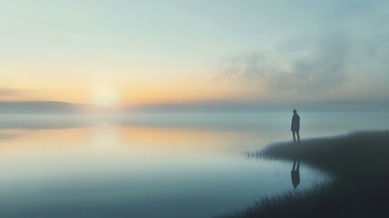 A solitary figure standing at the shore of a calm lake at dawn, staring at the horizon with a sense of peace and fulfillment, representing personal growth and self-realization 