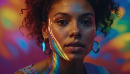 Woman with short curly hair and colored lighting effect