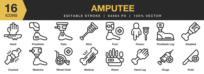 Amputee icon set. Editable Stroke Icon Collection. Includes cracked, disable, drug, fake, foot, hand leg, and More. Outline icons vector collection.
