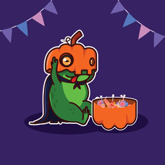 Illustration of a flat design of a frog wearing a pumpkin mask in a Halloween style, with lots of candy in front of it.