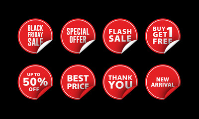 Round sticker labels set on isolated black background. Black Friday Sale, Special Offer, Flash Sale, Buy 1 get 1 Free, 50 percent discount off, Best Price, Thank You, New Arrival Round Sticker label