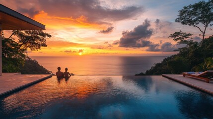 A luxury LGBTQ friendly resort in Costa Rica, with a couple relaxing by the infinity pool overlooking the ocean at sunset.