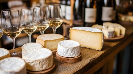A close-up of artisanal cheeses paired with wine glasses displayed on a wooden counter in a cozy shop