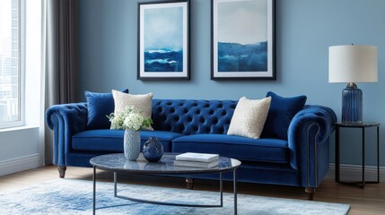 A modern living room with a monochromatic blue color scheme, including deep blue velvet furniture, light blue walls, and navy accents.