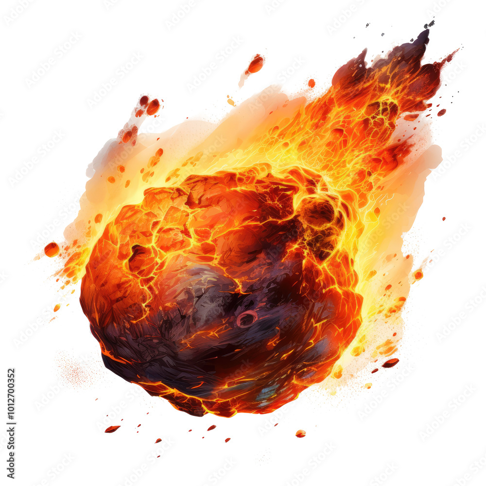 Wall mural a glowing meteor with a tail of red-hot flames, isolated on transparent white background, clipping p