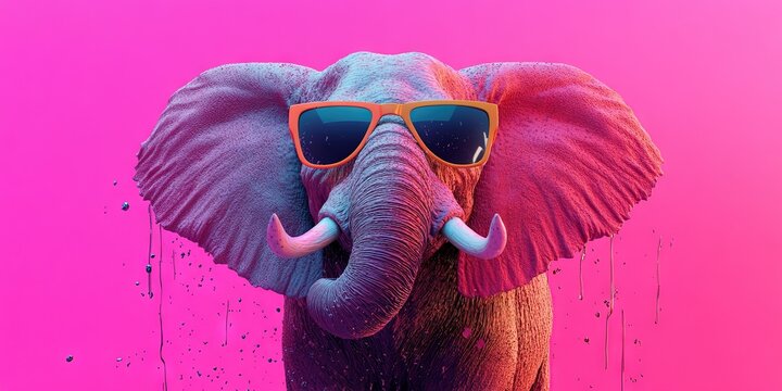 a pink background that dripping with bright colors, photobashing, a humanized elephant with sunglasses