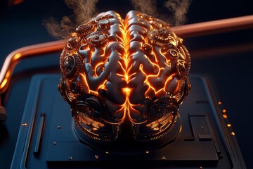 3D steampunk brain with intricate copper pipes and gears turning in sync, emitting digital steam effects