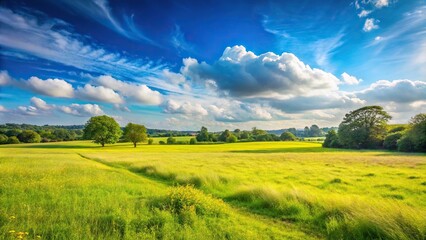 Fototapeta premium Forced perspective of meadow fields with blue sky in English countryside