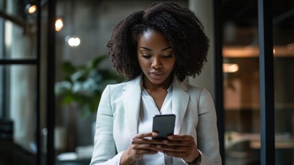 An African American female entrepreneur in a sleek office setting, using her smartphone to manage business tasks, emphasizing innovation and success