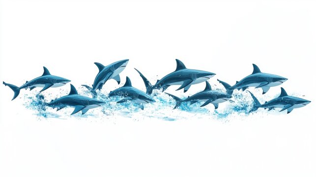 Shark tank ideas, business symbols with sharks, dynamic and bold scene, digital illustration, cool blues, isolated on white background.