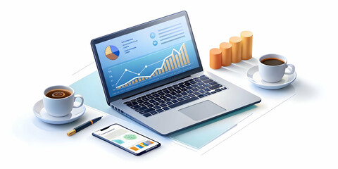 Sophisticated Office Desk with Laptop, Financial Graphs, Coffee & Currency � Elegant Photo Concept for High-End Financial Services & Investment Ads