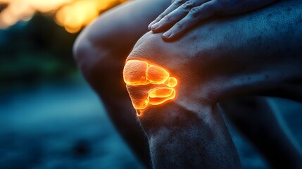A realistic 3D, Detailed close-up of a knee joint with worn-out cartilage
