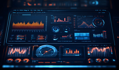 Fototapeta premium Futuristic financial dashboards and luxury business charts with glowing neon lines, gold accents, and connected nodes for corporate branding.