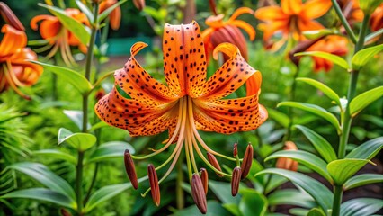 Forced perspective of Tiger Lily plant growing among other plants in garden bed