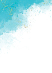 Abstract  blue watercolor background draw on white background and gold splashes effect. sky blue texture design template for birthday invite or card.