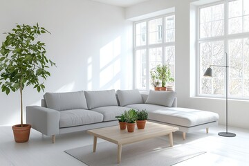 Modern Scandinavian interiors in a neat living room with white-finished living room walls and sofas and tables. Generative AI

