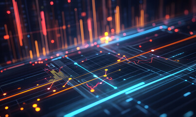 Futuristic financial dashboards and luxury business charts with glowing neon lines, gold accents, and connected nodes for corporate branding.