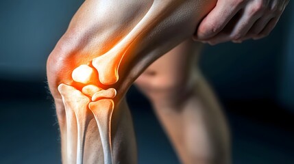 Detailed close-up of a knee joint with worn-out cartilage, A medical illustration of a knee joint in an advanced stage of osteoarthritis