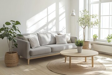 Modern Scandinavian interiors in a neat living room with white-finished living room walls and sofas and tables. Generative AI
