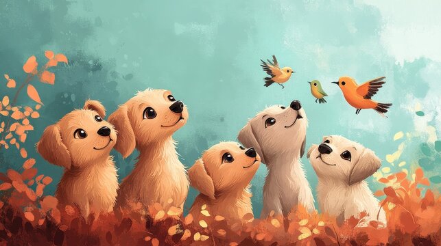 A cosy and inviting scene featuring a pile of adorable and impressionable dogs staring up at small birds is depicted in a restorative cartoon style.