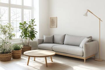Modern Scandinavian interiors in a neat living room with white-finished living room walls and sofas and tables. Generative AI
