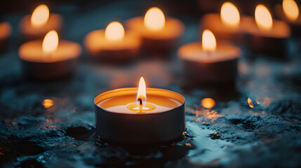 Memories day, candles on dark surface.