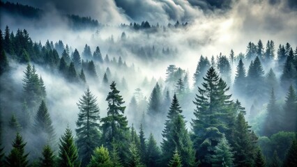 Fototapeta premium Mysterious fir trees loom in a foggy forest, their silhouettes blending into a gray sky, creating an enchanting
