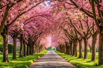 Naklejka premium Forced perspective photo featuring a path lined with pink and white flowers leading to a tree lined road