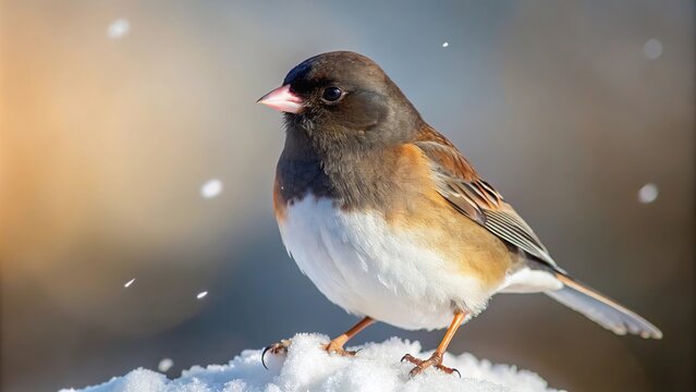 Forced perspective photo of a Dark-eyed Junco (Junco hyemalis) in a winter setting