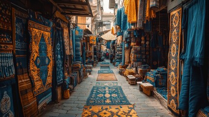Fototapeta premium A vibrant marketplace with stalls draped in indigo fabrics, showcasing the rich cultural history and depth of the color blue in textiles.