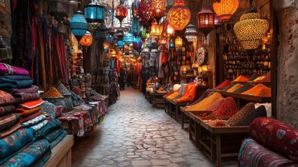 Obraz premium An animated market scene in Istanbul, Turkey, featuring ornate lanterns hanging above, colorful textiles, and fragrant spices.