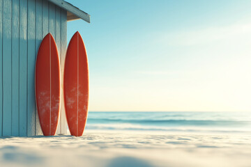 A serene beach scene featuring two vibrant red surfboards next to a cozy beach hut, perfect for summer adventures.