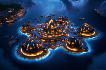 Fototapeta premium Fantasy futuristic city in tomorrowâ€™s world, with floating islands, glowing buildings, and flying ships powered by mystical energy