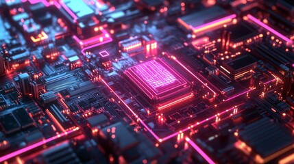 Fototapeta premium Abstract digital circuit board with glowing neon lights.