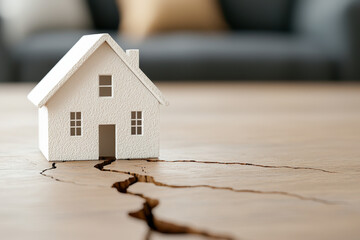 A small white house figurine on a cracked wooden surface, symbolizing structural damage or home concerns.