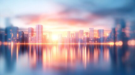 Fototapeta premium A stunning cityscape at sunset, featuring blurred skyscrapers reflected in tranquil water, creating a serene and dreamy atmosphere.