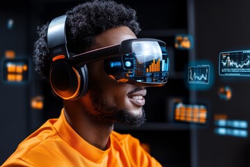 Futuristic office worker reviewing yesterdayâ€™s progress, with holographic charts and data floating in the air around them as they reflect