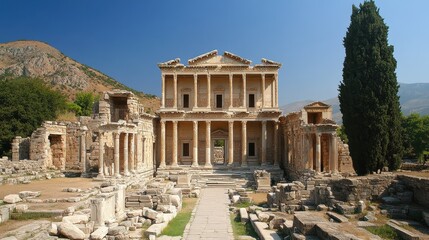 The ruins of Ephesus in Turkey, with the grand Library of Celsus standing amidst the remnants of an ancient civilization.