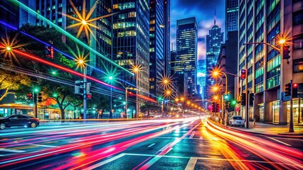 Obraz premium A bustling urban night scene showcases vibrant traffic lights illuminating a dynamic city street, with vehicles in motion creating a lively and energetic atmosphere.