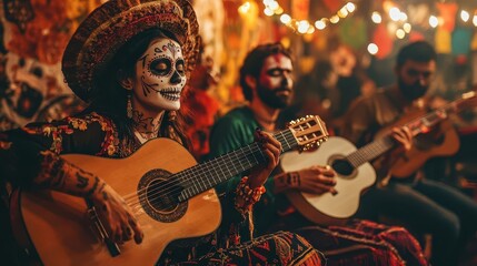 Obraz premium Vibrant scene of musicians celebrating with traditional instruments and intricate costumes, embodying a festive cultural spirit.