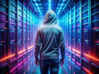 Fototapeta premium A cloaked hacker slips through server corridors, embodying the looming threats of cybersecurity breaches and the risks of digital intrusions lurking in our networks.