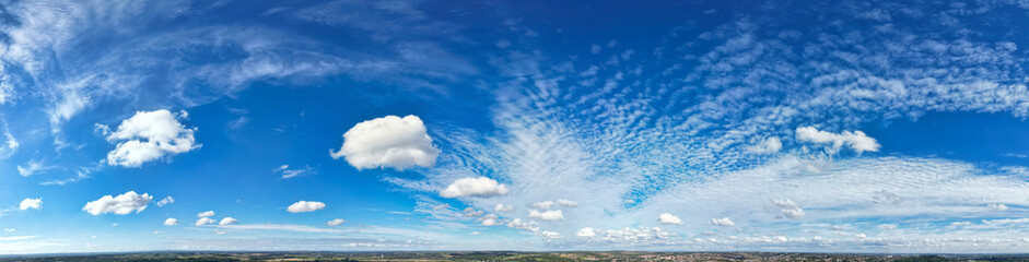 Ultra Wide Panoramic View of Blue Sky and Clouds During Sunny Day over Nottingham City of England UK