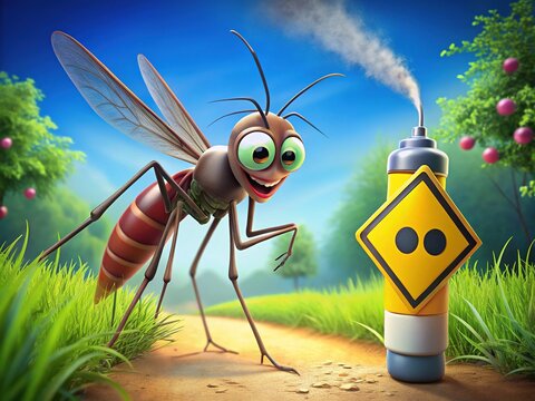 A cartoon mosquito sways dizzily beside a glaring insect repellent warning sign, thinking summer fun was just a bit too much for its tiny wings!