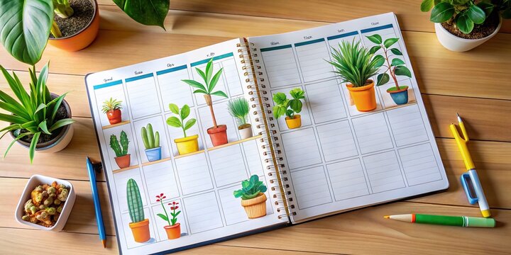 A charming hand-drawn weekly planner featuring home decor books and plant illustrations, perfect for organizing your schedules and checklists in style and creativity.