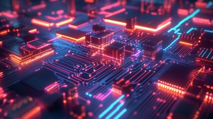 Obraz premium Abstract glowing circuit board with neon lights.