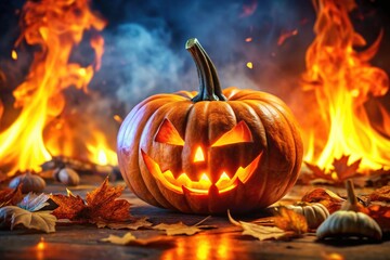 Fototapeta premium A lifelike illustration of a burning pumpkin sets the perfect spooky atmosphere for Halloween celebrations, enhancing decorations with a high-detail background that captivates all.