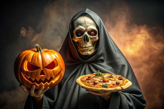 A hauntingly delightful skull draped in a cloak, clutching a slice of pizza and a pumpkin, perfect for Halloween-themed designs and festive decorations. - Powered by Adobe